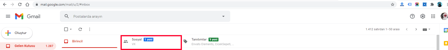 Gmail'deki sosyal sekmesi